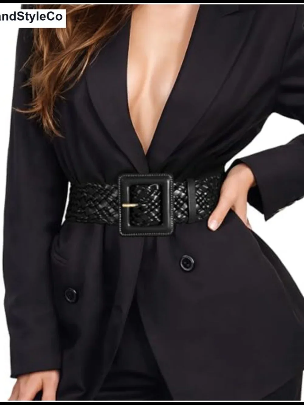 Wide Braided Leather Belt for Dresses with Square Buckle Adjustable Woven